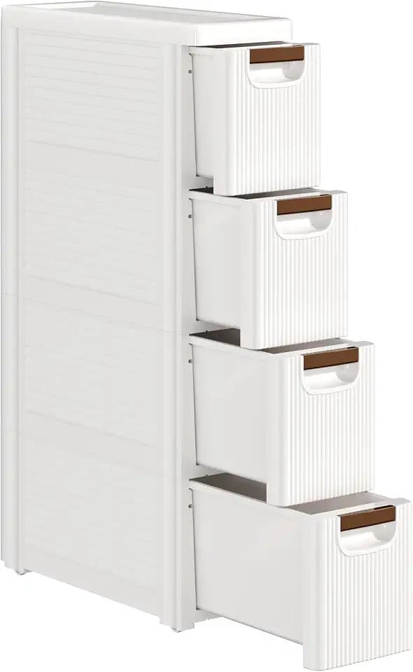 VECELO 4-Drawer Narrow Bathroom Storage Cabinet, Mobile Plastic Slim Rolling Organizer Cart with Built-in 4 Wheels for Living Room, Kitchen, Bathroom, Bedroom, Office, White(16.5" x 7.5" x 28.9")
