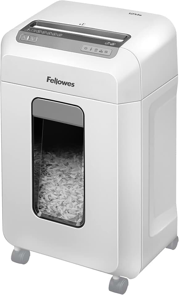 Fellowes Aktenvernichter 12Ms, 12 Blatt Minicut (P4), Papierschredder für Büro, Homeoffice, Schredder mit SafeSense, 23L Papierkorb, über 1000 Partikel pro A4 Blatt, automatische Rücklauffunktion