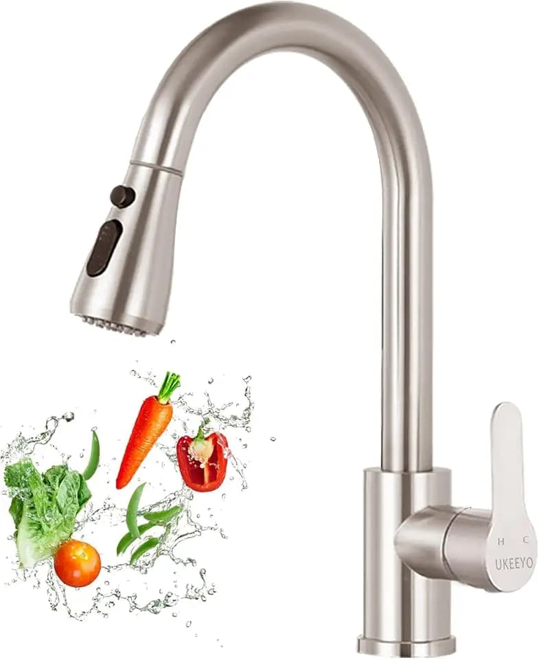 Wasserhahn Küche, Hochdruck Küchenarmatur mit Herausziehbarer Brause Ausziehbar Armatur, Mischbatterie Küche Spültischarmatur Brause 3 Modus, Edelstahl