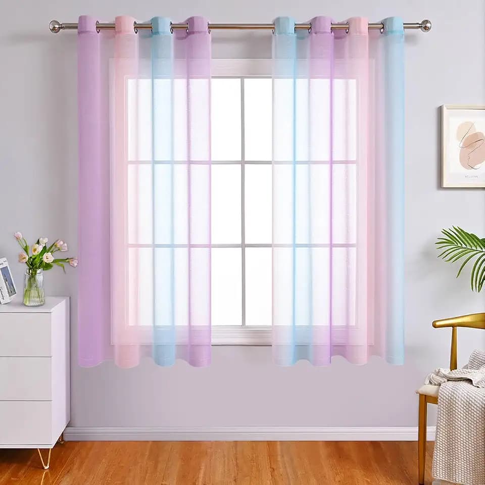 WUBODTI Rainbow Curtains for Girls Bedroom Decor 63 Inch Length, Unicorn Princess Theme Colorful Ombre Sheer Curtains Pink Purple and Blue Curtains for Nursery Kids Room Living Room, 2 Panels