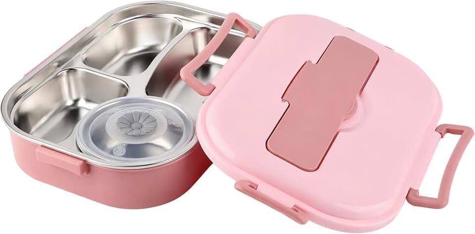 Cocoarm Edelstahl-Lunchbox, Tragbare 4-Gitter-Lunchbox mit Suppenschüssel, Lebensmittelaufbewahrungsbehälter für die Arbeit von Erwachsenen (mit Löffel und (Lunchbox mit vier Fächern und