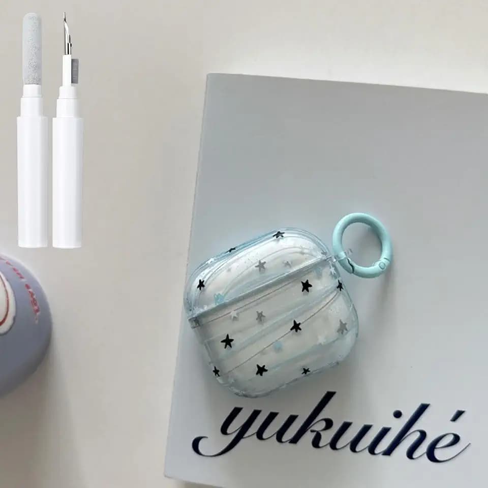 Compatible for Airpods 4 Case with Cleaner Kit Cute Star Graffiti Printing Clear Aesthetics Design Shockproof Keychain for Girls Women Protector Cover-Transparent Blue