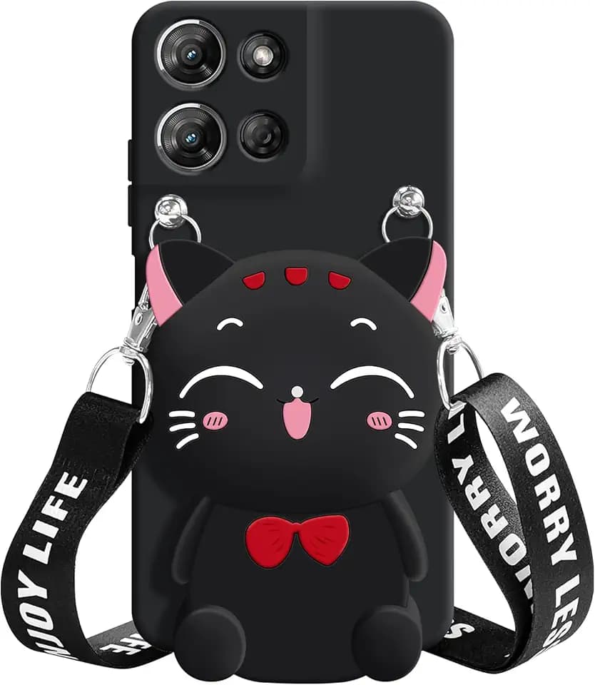 for Motorola Moto Edge 2025 Case, Cute Black Lucky Cat Coin Purse Fancy Phone Case for Women Girls with Crossbody Strap Kawaii Soft Silicone Cover for Moto Edge 2025