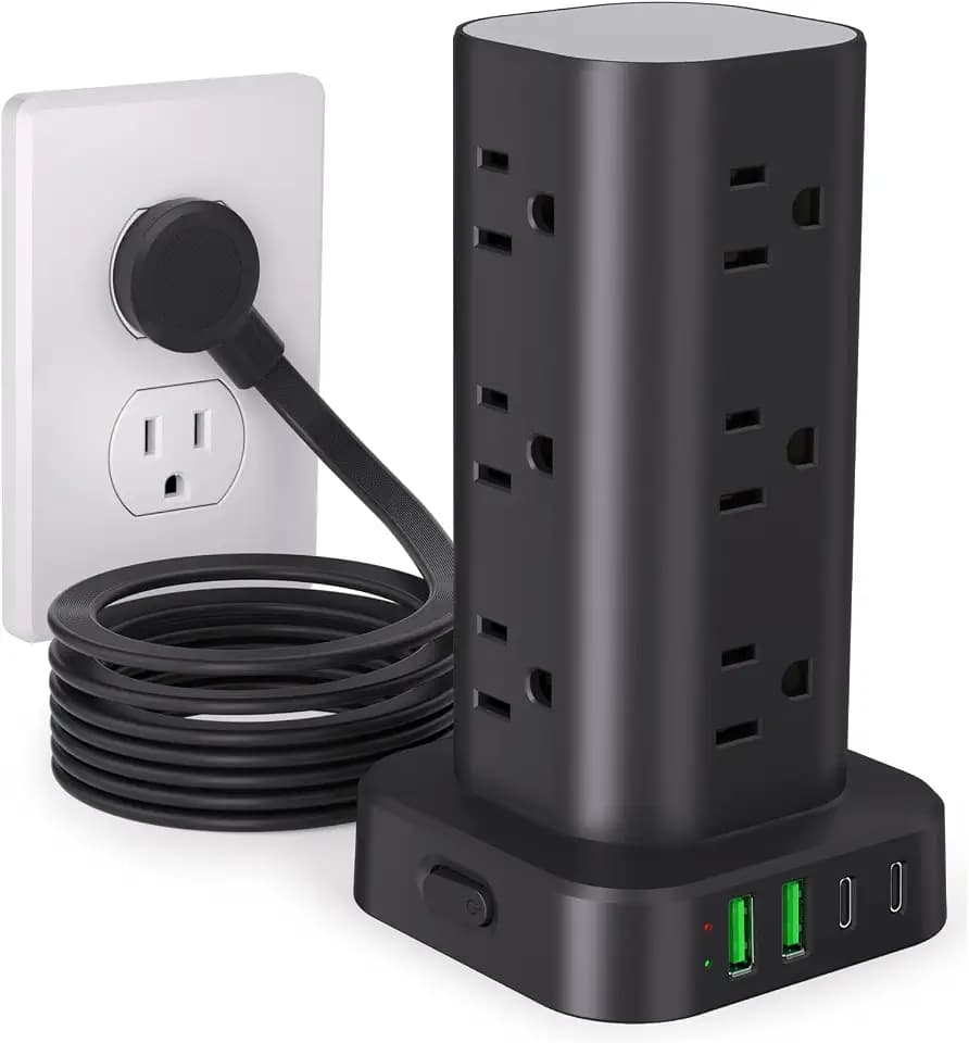 10FT Power Strip Tower Surge Protector, 12 Wide Spaced Outlets, 4 USB