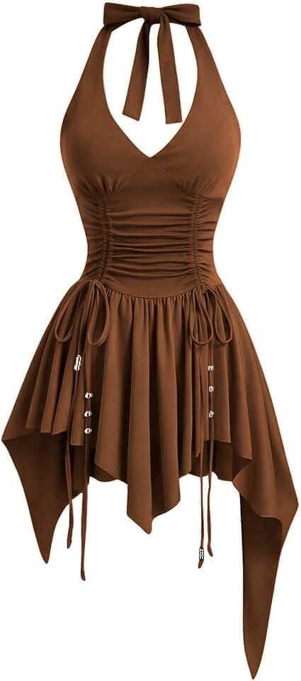 WDIRARA Women's Western Goth Halter Mini Dress Punk Ruched A Line Dresses