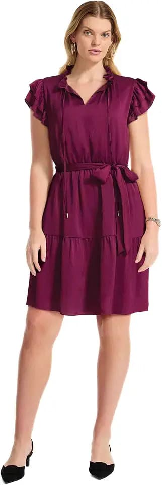 Anne Klein Women's Flutter Sleeve V-Neck Belted Short Dress