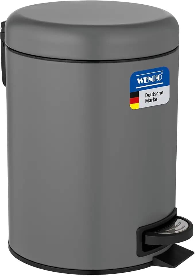 WENKO Kosmetikeimer 5 Liter, Stahl, herausnehmbarer Inneneimer mit Müllbeutelhalter, Mülleimer fürs Bad mit Deckel und Tretfunktion, ausklappbarer Tragegriff, Grau matt, Mod. Leman