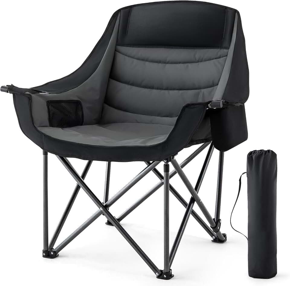 Padded Camping Chair for Adults Heavy Duty 500lbs Support Portable Folding Camping Chair with Cup Holder Cooler Pockets for Outdoor Beach Fishing Garden (Black & Dark Gray)