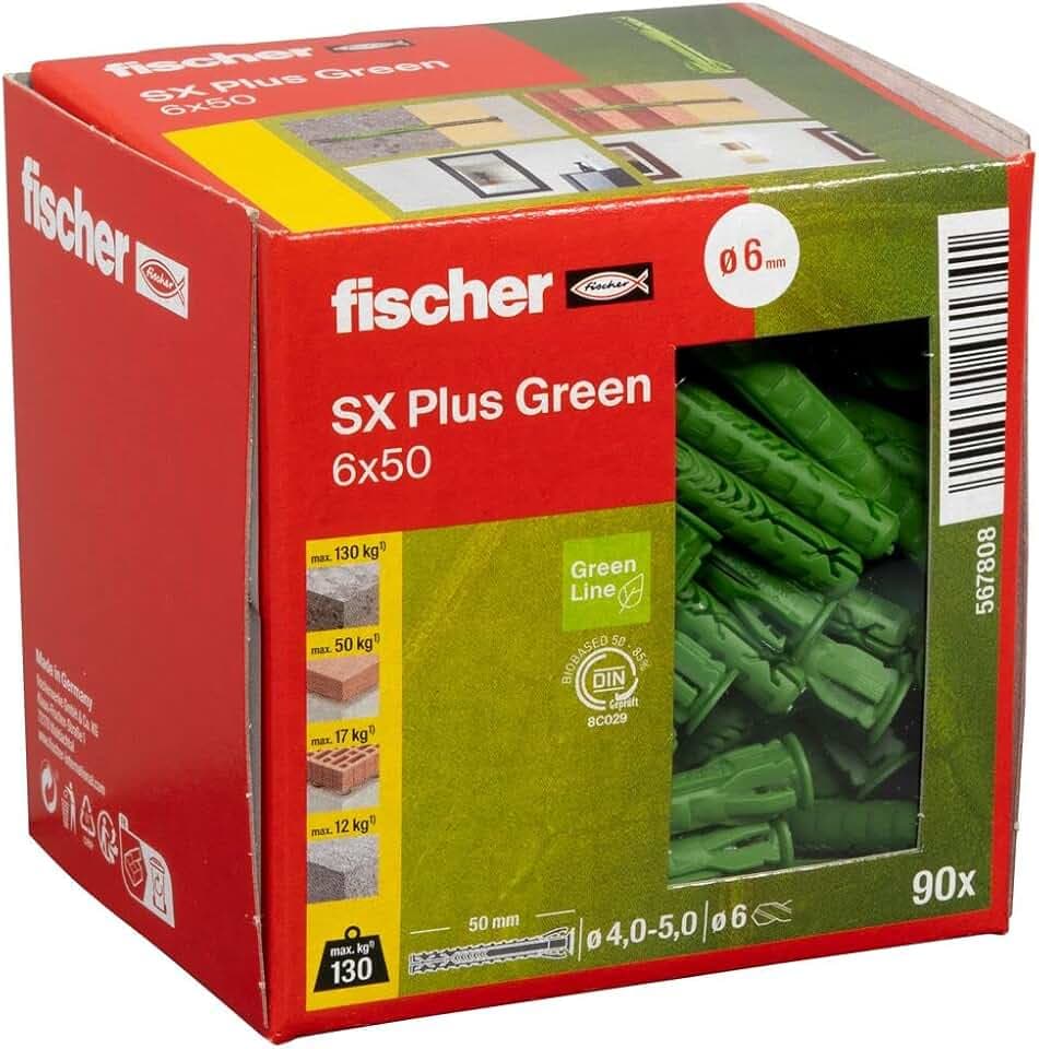 fischer Spreizdübel SX Plus Green 6 x 50, Schachtel mit 90 nachhaltigen Dübeln, Allzweckdübel aus nachwachsenden Rohstoffen, optimaler Halt in Beton, Vollziegel, Porenbeton, Hochlochziegel uvm.