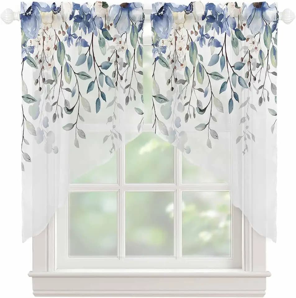 Blue Eucalyptus Leaf Swag Valances for Windows Summer Flowers Leaves Watercolor Semi Sheer Valance Curtains Floral Voile Swags Topper Curtain for Kitchen Living Room Bedroom, 2 Panels, 36x36 Inch