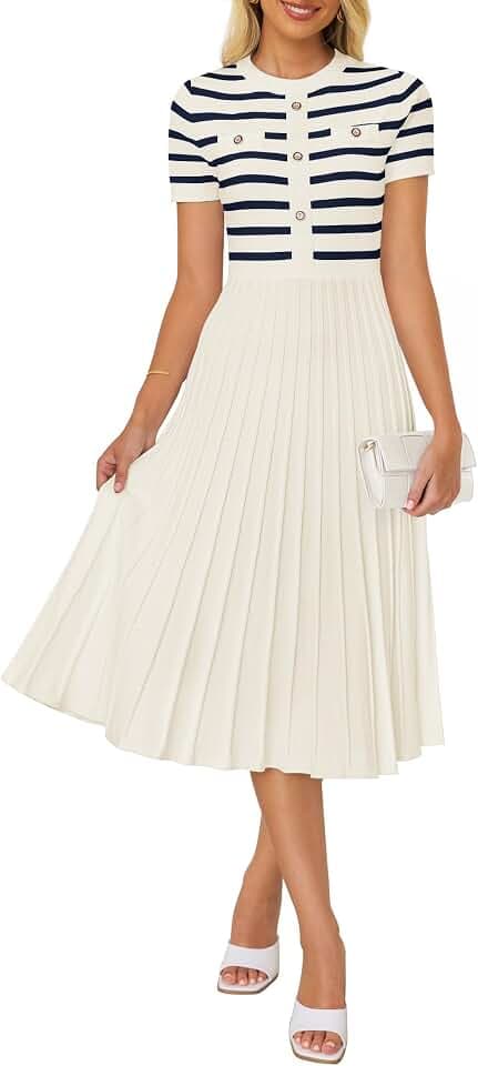ZESICA Women Striped Crewneck Short Sleeve Elegant Midi Dress