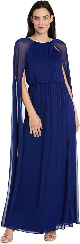 R&M Richards Women's Chiffon Maxi Dress - Blouson Waist Goddess Gown W/Rhinestone Trim & Sheer Draping Cape Sleeves