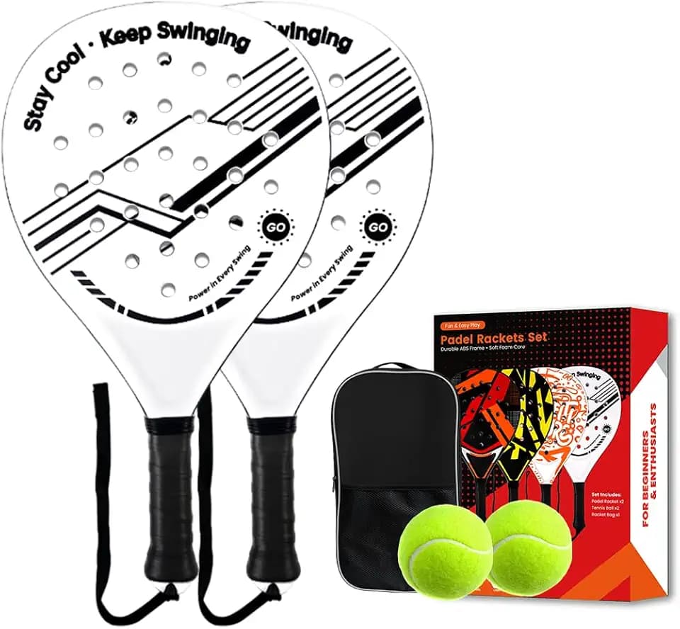 Padel Schläger-Set mit ABS-Oberfläche und Eva-Schaumkern, für Erwachsene, inklusive Zwei Bällen und Tragetasche, ideal für Beach & Court (Weiß/Schwarz)