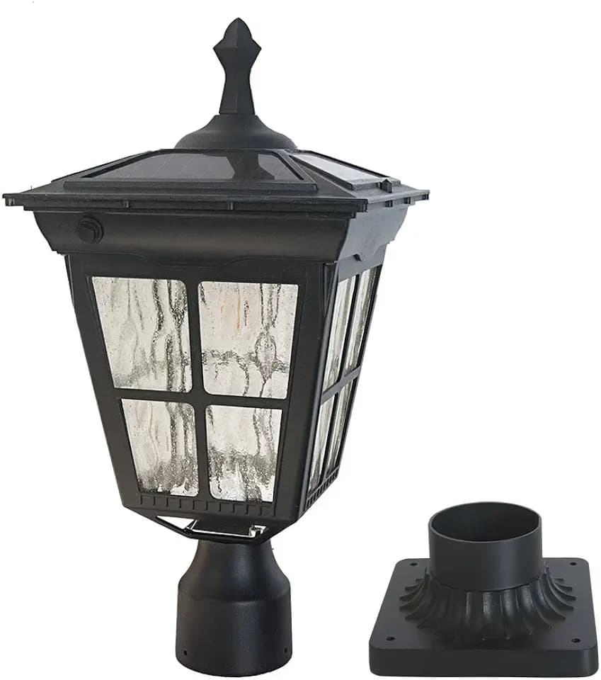 Solar Lamp Post Light, Cast Aluminium Waterproof LED with Glass Outdoor Dusk to Dawn Solar Post Light ST4311AQ for Pier Mount Pillar Gates Garden Pole Column Yard Path Driveway (Black, Lamp)