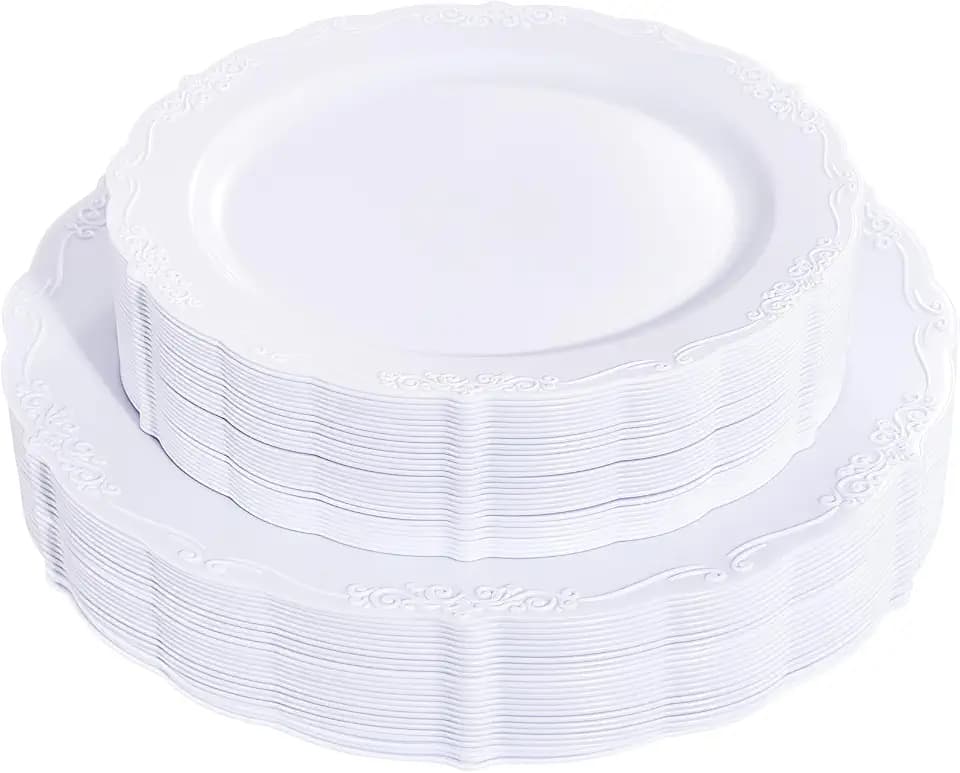 U-QE 60PCS White Plastic Plates for Party - High End Disposable Plates