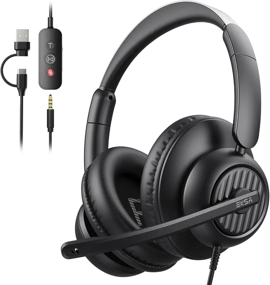 EKSA H8 USB Headset with Microphone for Work, Stereo Wired Computer Headphones with Mic Noise Cancelling, in Line Controls, 3.5mm Jack USB-C/A Over-Ear Headset for PC Laptop Office Call Center Teams