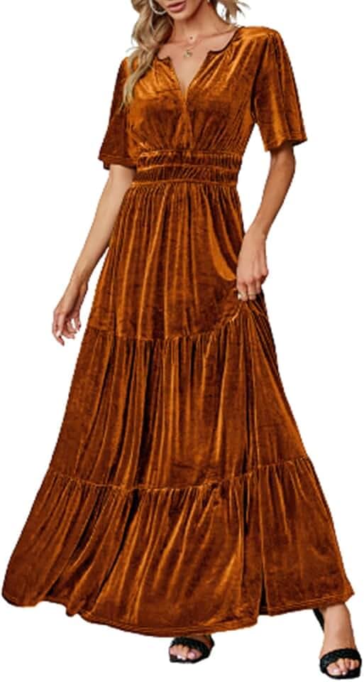 Amegoya Women's Short Sleeve V Neck Formal Wedding Guest Maxi Dresses Spring Fall Evening Party Long Dresses
