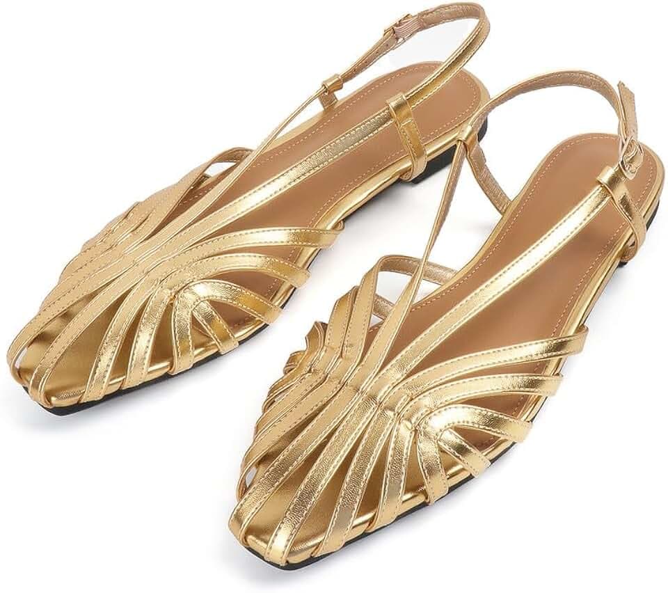 MAVMAX Slingback Flat Sandals for Women Fashion Strappy Square Toe Low Heeled Flats with Adjustable Buckle Summer Comfortable Dressy Shoes,Gold,US9