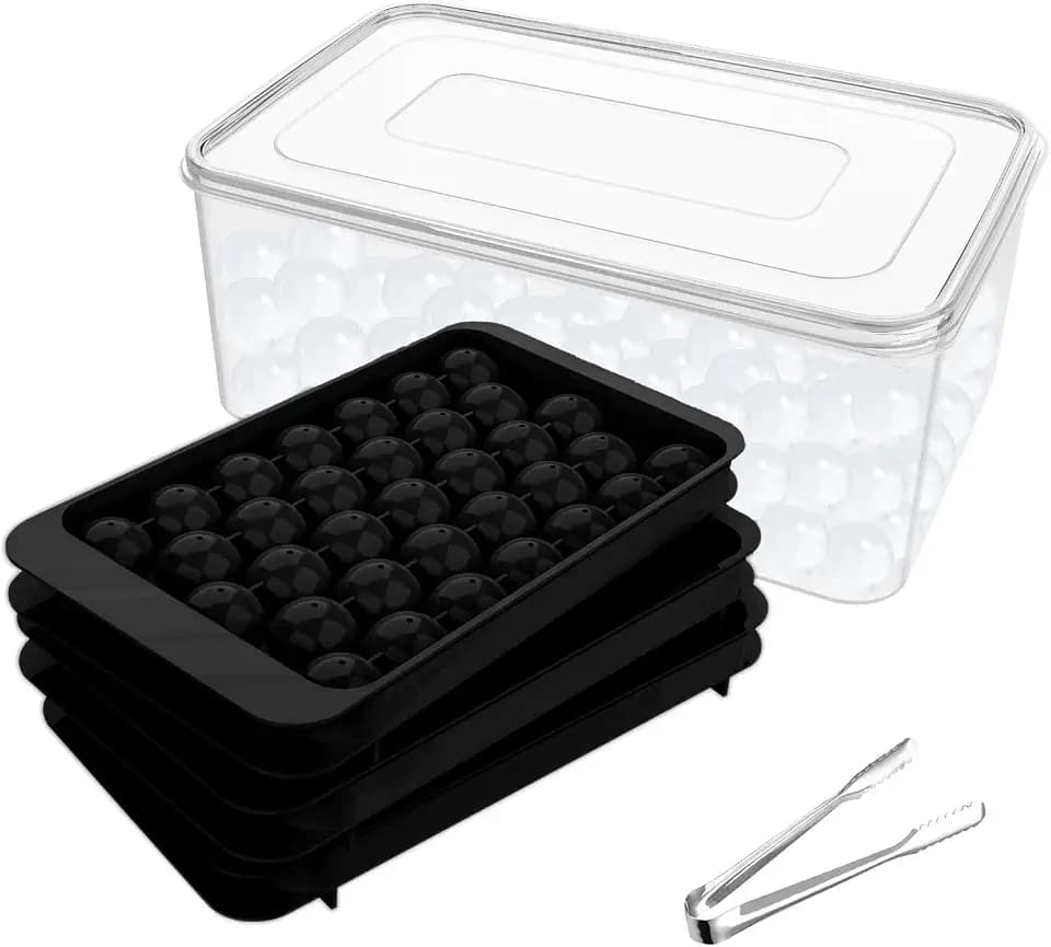 Miaowoof Eiswürfelform mit Deckel und Behälter, 2,5 cm x 99 Stück Runde Eiswürfel, Non-BPA Eiswürfelbehälter mit Deckel für Eis, Cocktail, Kaffee, und Tee, Platzsparend und Stapelbar (Schwarz)