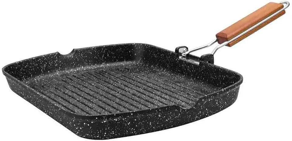 Kamberg – 0008016 – Grillpfanne 34 נ24 cm – Abnehmbarer Holzgriff – Aluminiumguss – Beschichtung in Steinoptik – Für alle Herdarten, auch Induktion – PFOA‑frei, Grau