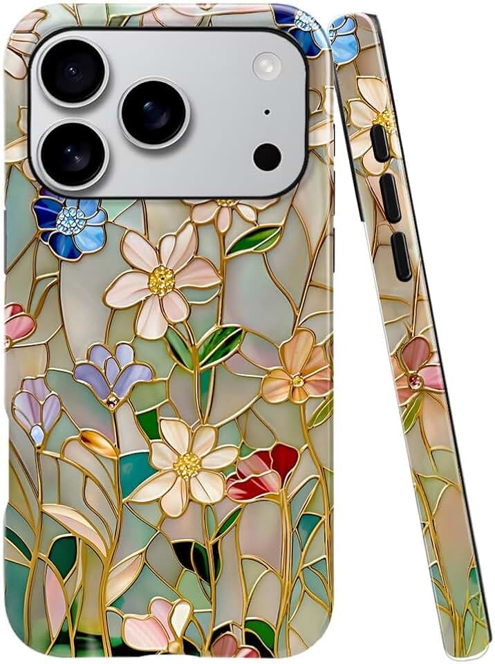 Case Compatible with iPhone 18 Pro/iPhone 17 Pro,Fall Prevention Bright Hybrid 2-Layer Hard Shell Phone Case for Girls Boys,Stained Glass Bloom Flower