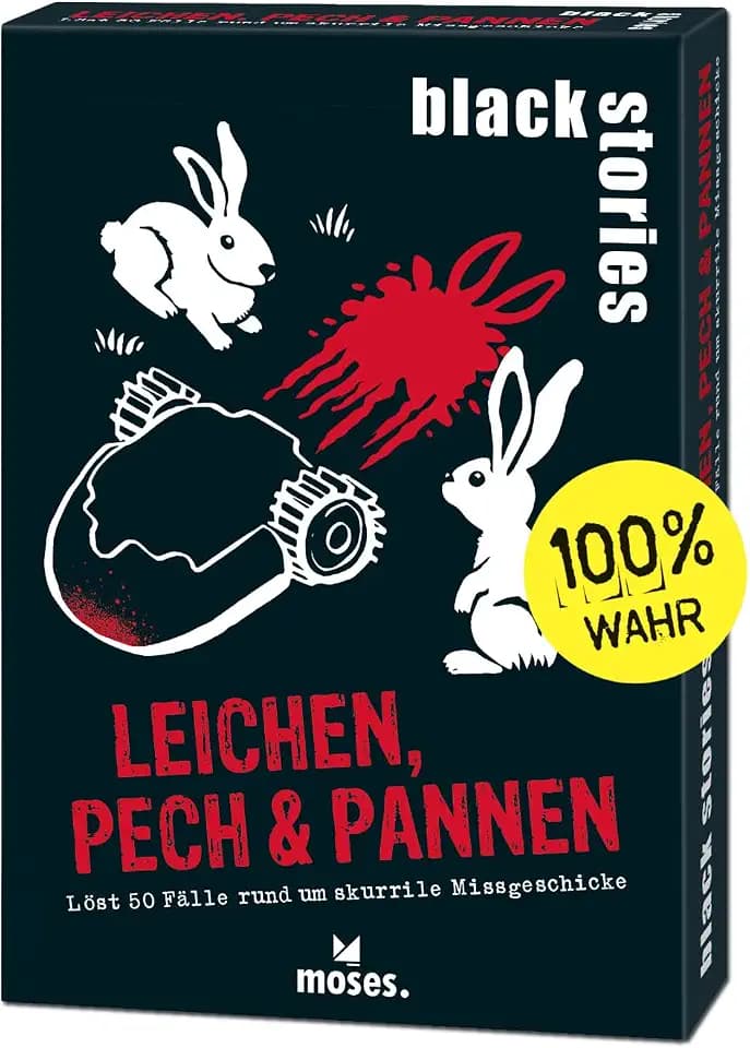 moses. black stories Leichen, Pech & Pannen - 50 Rätsel mit realen Fälle rund um skurrile Missgeschicke, Krimi Kartenspiel mit Spielvariante und Punktechips, Rätselspiel für Jugendliche und Erwachsene