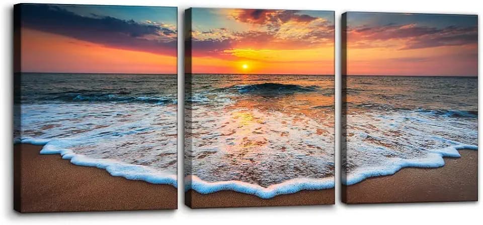 Pacimo 3 Pieces Wall Art Decor Beach Canvas Print Picture Sunrise Ocean Waves Scenery Painting Artwork for Office Wall Decor Home Decoration Stretched and Framed Ready to Hang - 12" x 16" x 3