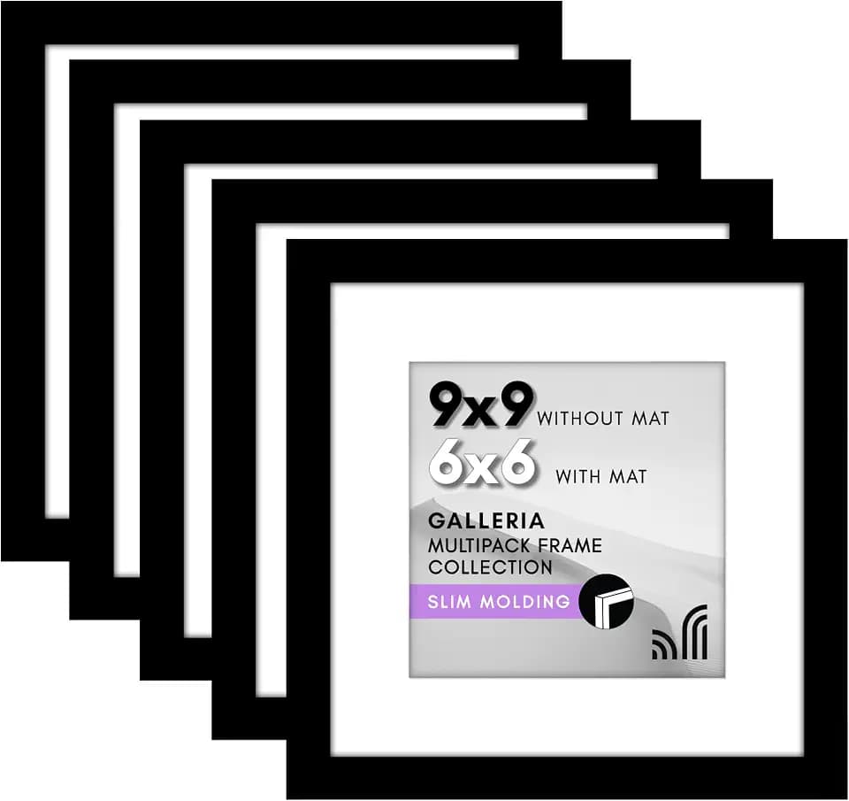 Americanflat 9x9 Picture Frame 5-Pack - Matted to 6x6 - Black