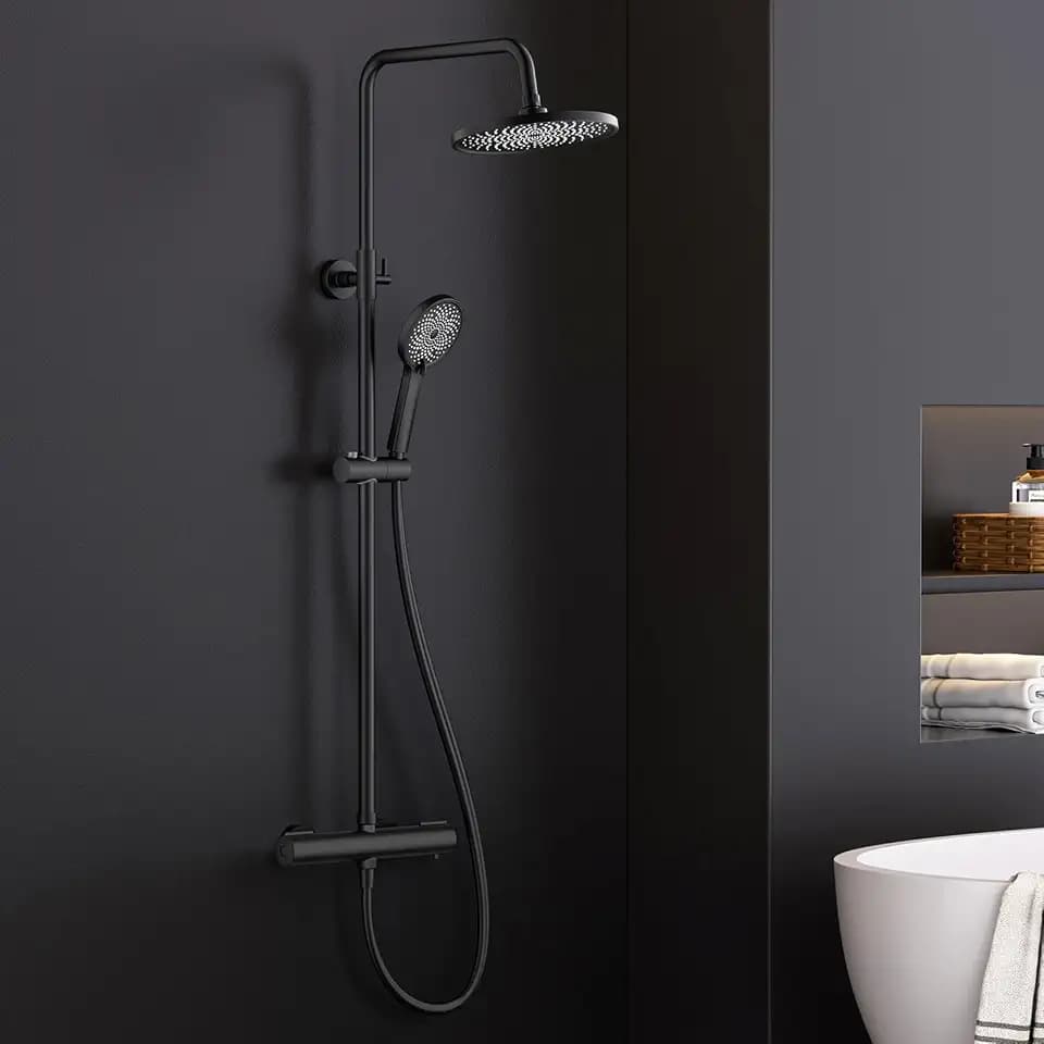 FORIOUS Duschsystem mit Thermostat,Edelstahl Duscharmatur Komplettset mit 25cm Rund-Overhead Regendusche,90-125cm Höhenverstellbare Duschstange, 3 Strahlarten ABS Handbrause Schwarz