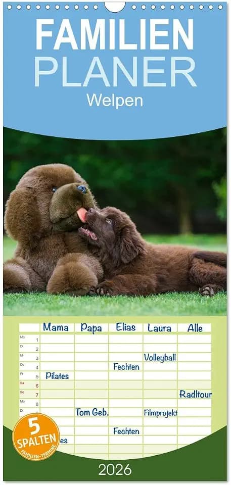 Familienplaner 2026 - Welpen 2026 mit 5 Spalten (Wandkalender, 21 cm x 45 cm), CALVENDO: 13 bezaubernde Welpenfotos begleiten uns durch das Jahr 2014 (CALVENDO Tiere)