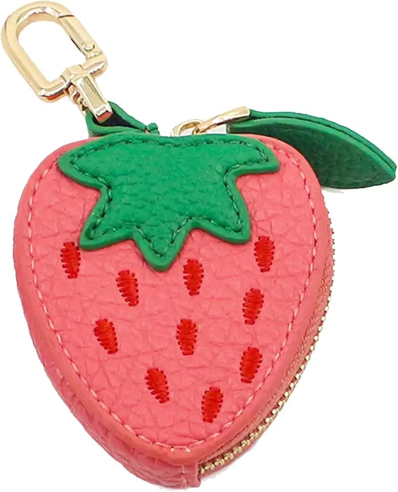 Mini Münzbeutel Bag Charm, Niedlicher Früchte Geldbeutel Schlüsselanhänger, Leder Münzbeutel Für Handtasche, Tote, Wallet, Kawaii Obst Accessoire Für Mädchen Frauen (Pink Erdbeere)