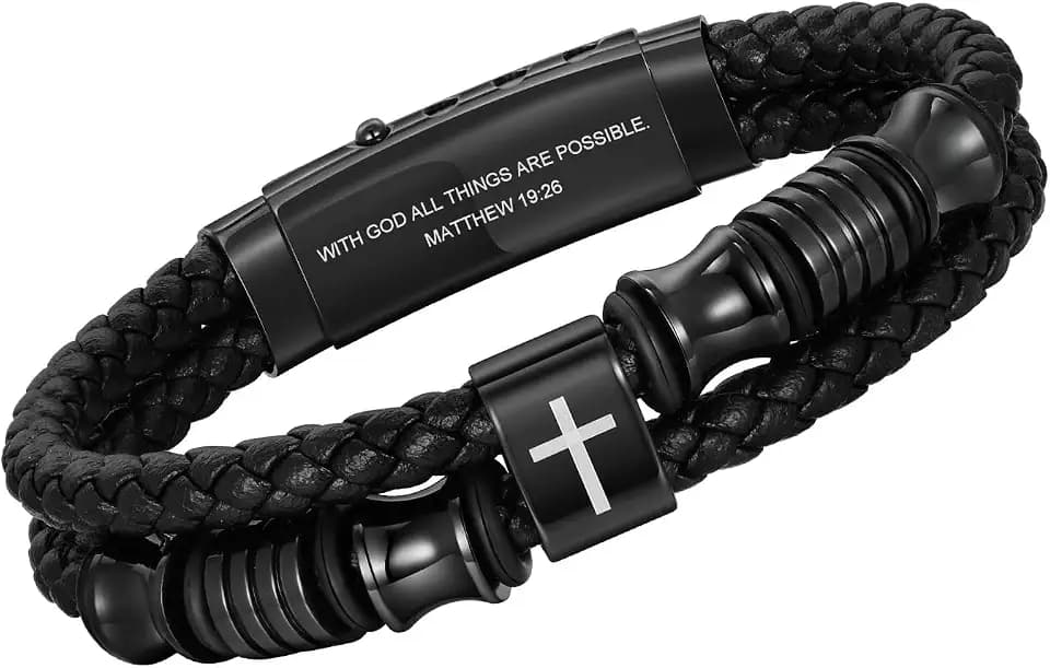 Christian Black Leather Bracelet for Men, Braided Leather Cross Adjustable