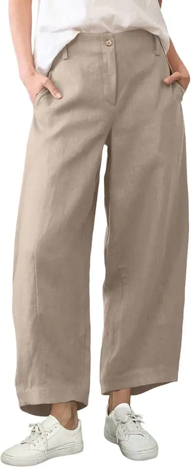 Athlisan Womens Linen Barrel Pants Casual Baggy Wide Leg Palazzo Trousers Summer Beach Capri Pants
