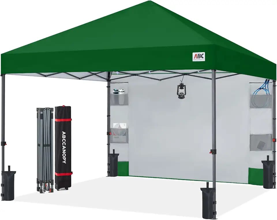 ABCCANOPY Pop Up Canopy with Sidewall - 10x10 Outdoor Beach Canopy Tent with One Storage Sidewall for Patio with 4 Weights (Forest Green)