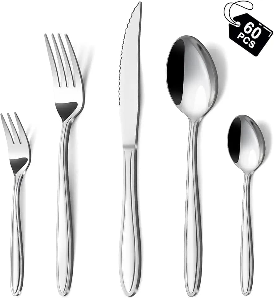 Hunnycook Besteck Set 12 Personen, 60-teiliges Edelstahl Essbesteck mit Liniengriff, Elegantes Besteckset mit Messer Gabel Löffel für Haus/Restaurant/Party, Spülmaschinenfest