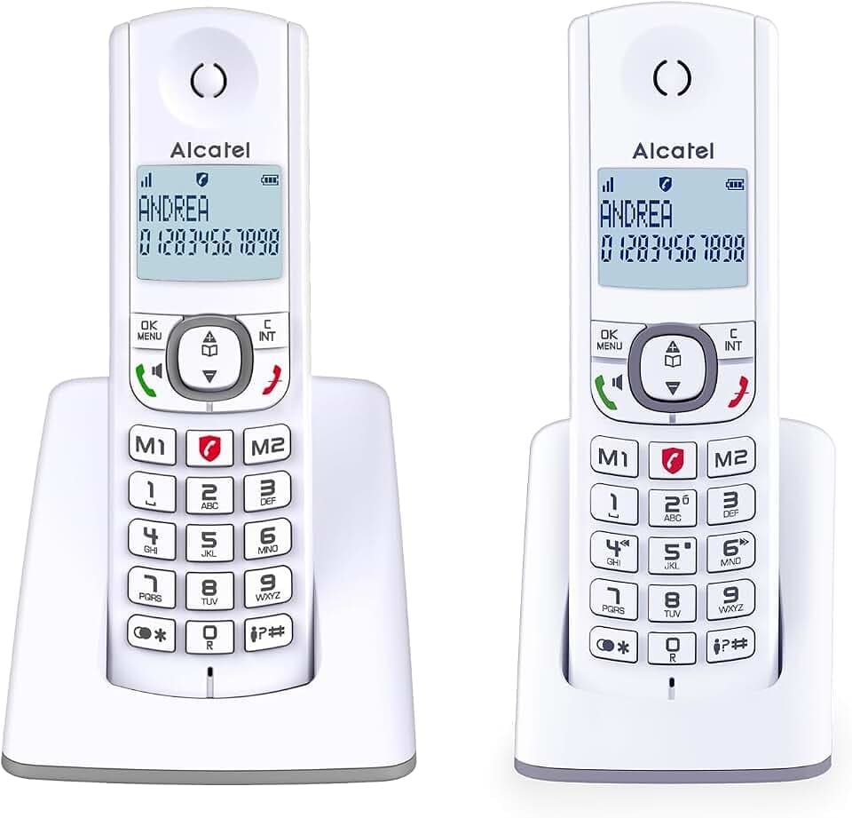 ALCATEL F530 Duo – Schnurloses DECT-Telefon-Set – Großes beleuchtetes Display – Freisprechfunktion – Anrufsperrfunktion – 2 Direktwahltasten – 2 Mobilteile – Weiß/Grau
