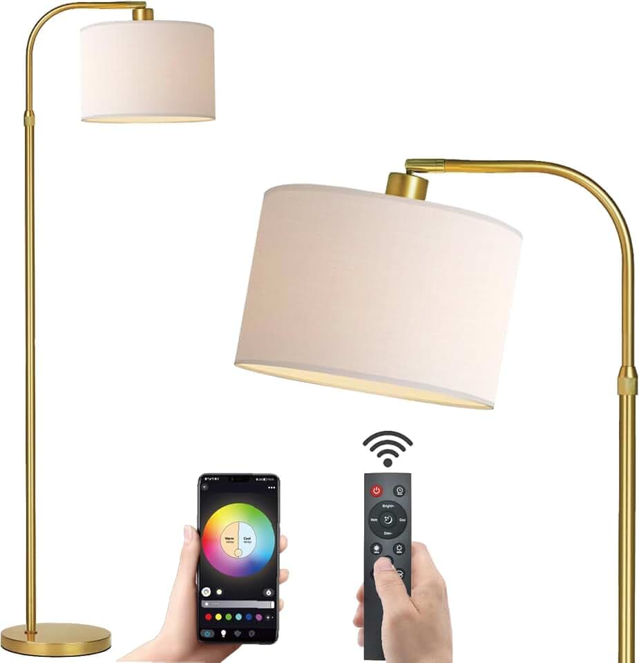 Gold Floor Lamp with Remote Control, 1200 Lumens Adjustable Height Dimmable Arc Floor Lamp for Living Room, Modern Standing Lamp for Bedroom, Office, LED Smart Bulb Included