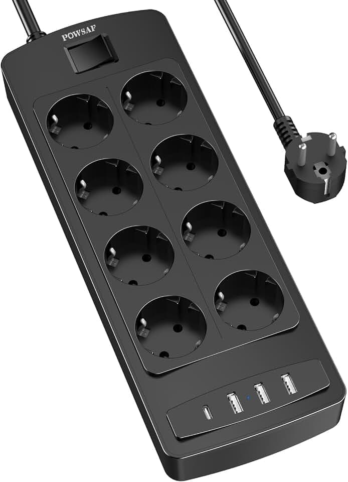 POWSAF 8-Fach Steckdosenleiste mit 4 USB, Steckerleiste Mit Schalter, Mehrfachsteckdose mit USB-C, für Haus/Büro, Schwarz