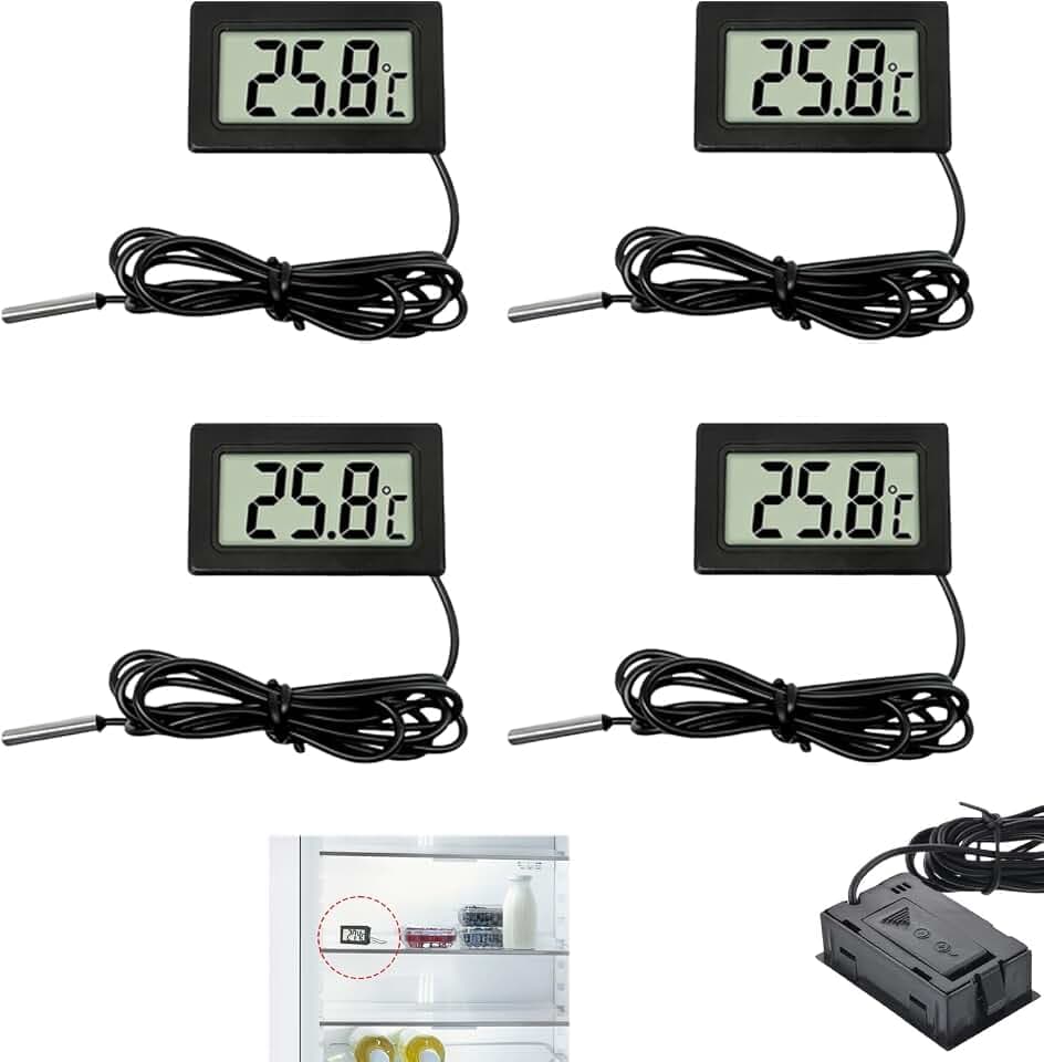 4 Stück Digitales LCD Thermometer mit fühler, Anlegethermometer für Aquarium, Kühlschrank, Gefrierschrank, Temperaturüberwachung, Präzise Messung von -50°C bis +110°C, Feuchtigkeitsbeständiger