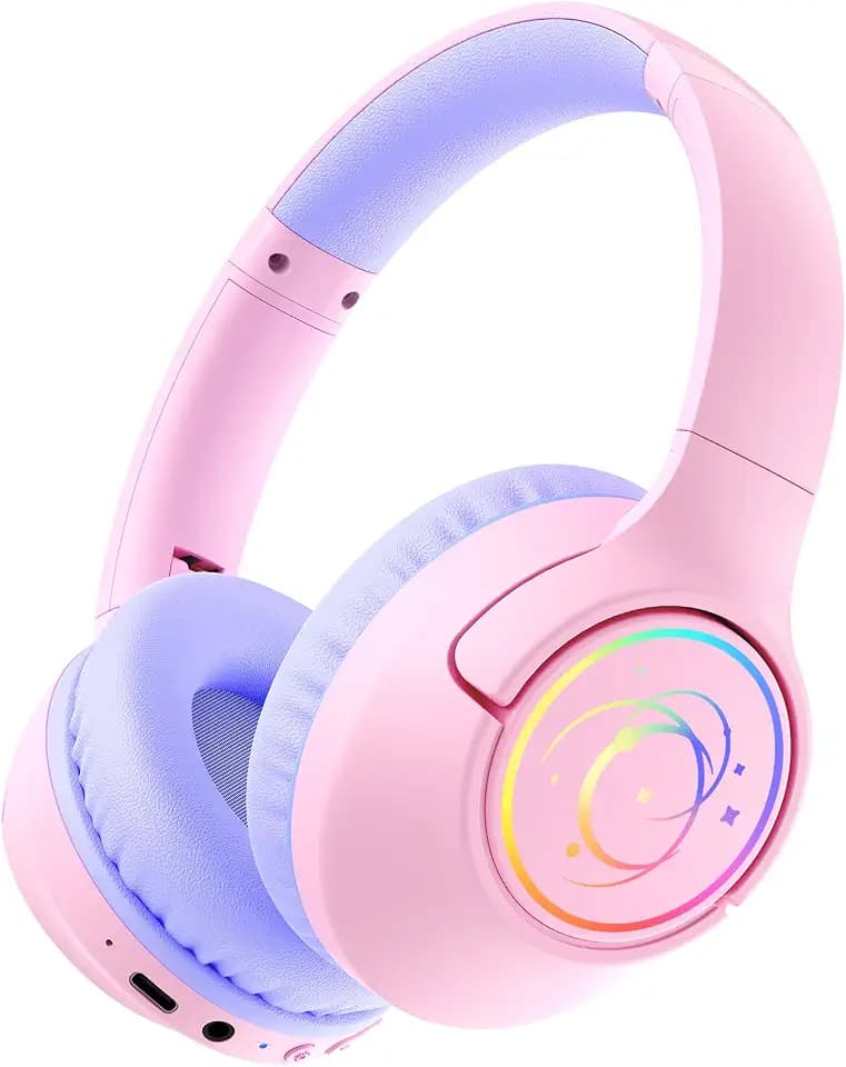 Kids Bluetooth Headphones, 85H Playtime for Toddler Girls, Pink with LED