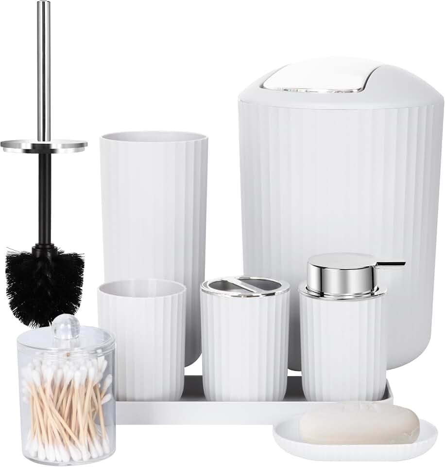 FEILANDUO Badezimmerzubehör-Set komplett, 8-teiliges Badezimmer-Zubehör-Set mit Mülleimer, Seifenspender, Seifenschale, Zahnbürstenhalter, Zahnbürstenbecher, WC-Bürste und Qtip-Halter, Schminktisch