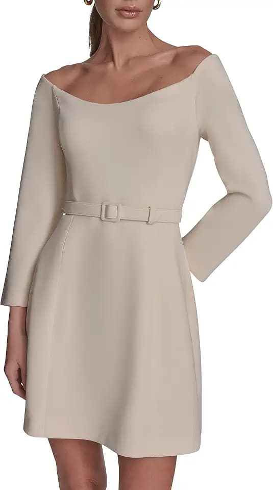 BCBG Women's Off the Shoulder Long Sleeve Belted A-line Mini Dress