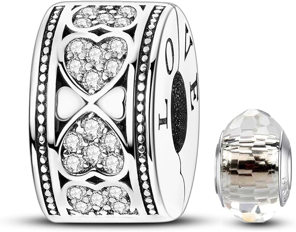 HappyStar 925 Sterling Silver Stopper Beads Charms for Bracelets Clip Spacer Beads with 5A Cubic Zirconia Mother's Day DIY Gifts for Women(With One Space Bead)