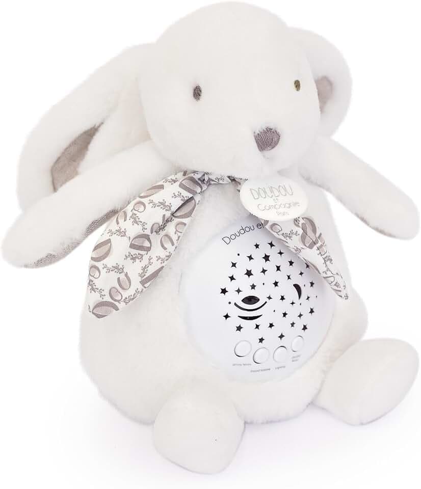 Doudou et Compagnie – Nachtlicht mit Musik, Hase, weiß, mit Sternenprojektion – Plüschtier mit Melodien und beruhigenden Lichtern – Begleiter für die Nacht des Babys – Geschenkidee zur Geburt – DC4202