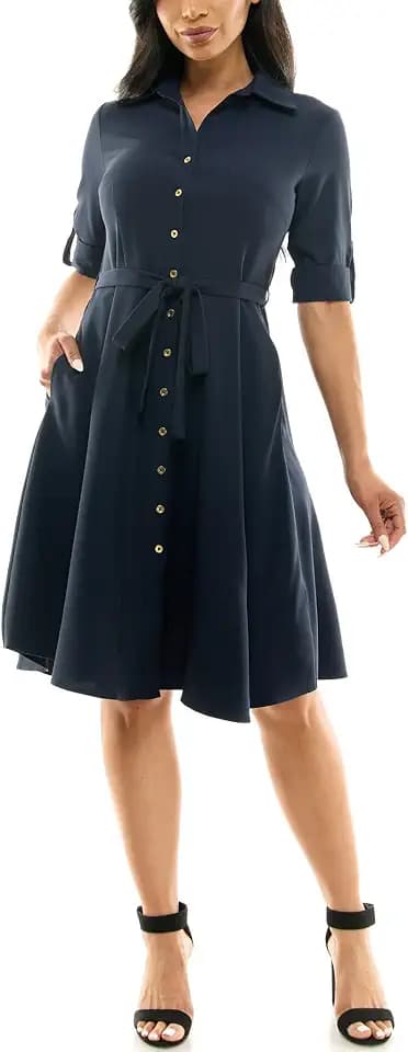 Sharagano Women's Pleated Shirt Dress – 3/4 Sleeve, V-Neck, Gold Buttons