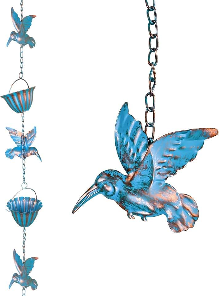 2,4 m Regenkette, Regenkette Ablaufkette Blauer Kolibri Eisen-Retro Regenablaufkette Regenwassersammler für den AußEnbereich Geeignet für die Dachtraufen im Innenhof und Dachrinne