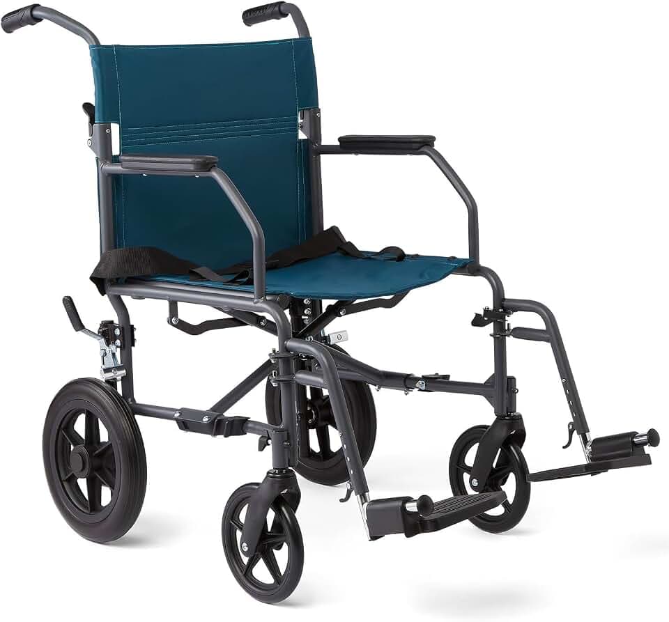 Medline Durable Folding Steel Transport Wheelchair with 12-Inch Wheels, 19-Inch Seat Width, Gray Frame, Microban, Teal Upholstery
