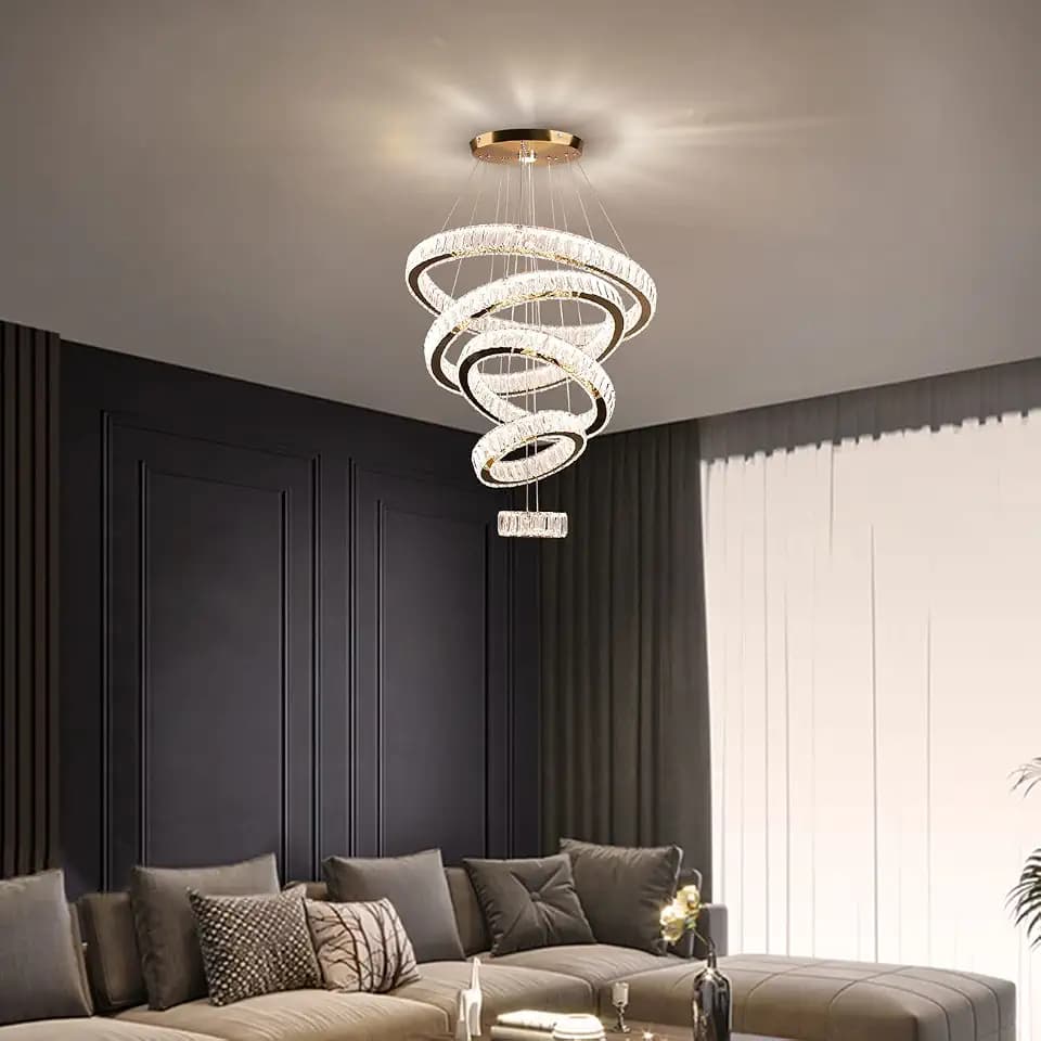 5-Ring Titanium Gold Crystal Chandelier 3CCT LED Pendant
