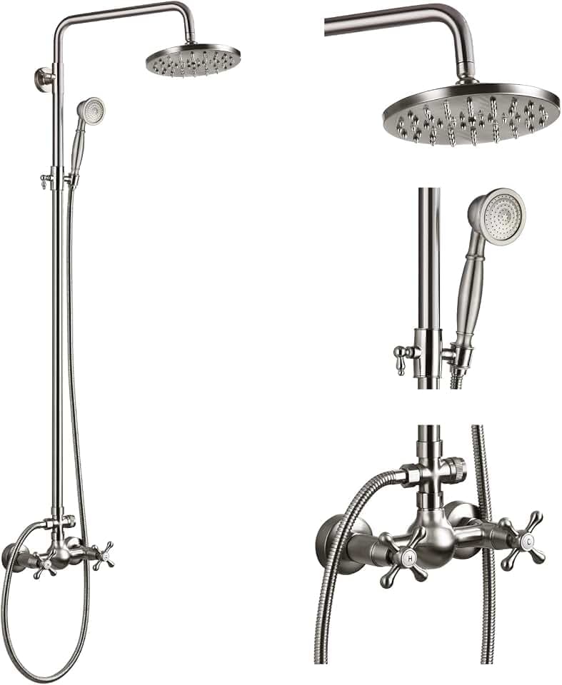 Duschgarnitur, 20,3 cm, Regenduschkopf, 2 Kreuzknöpfe, Mischbatterie, Duschsystem mit Handbrause, gebürstetes Nickel, silberfarben
