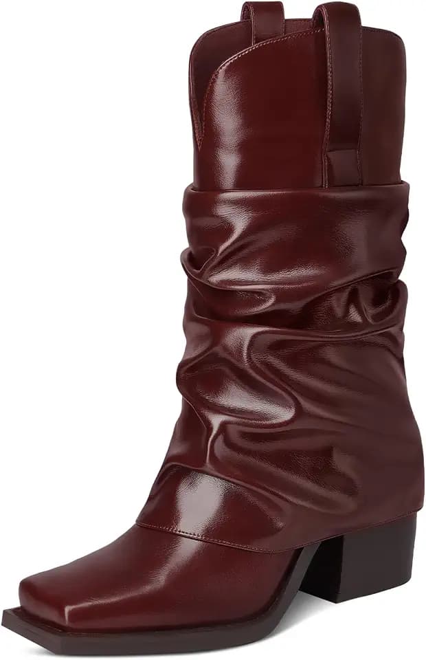 Cowboy Boots for Women Cowgirl Boots Mid Calf Square Toe Fold Over Chunky Heel Slouchy Suede Boots